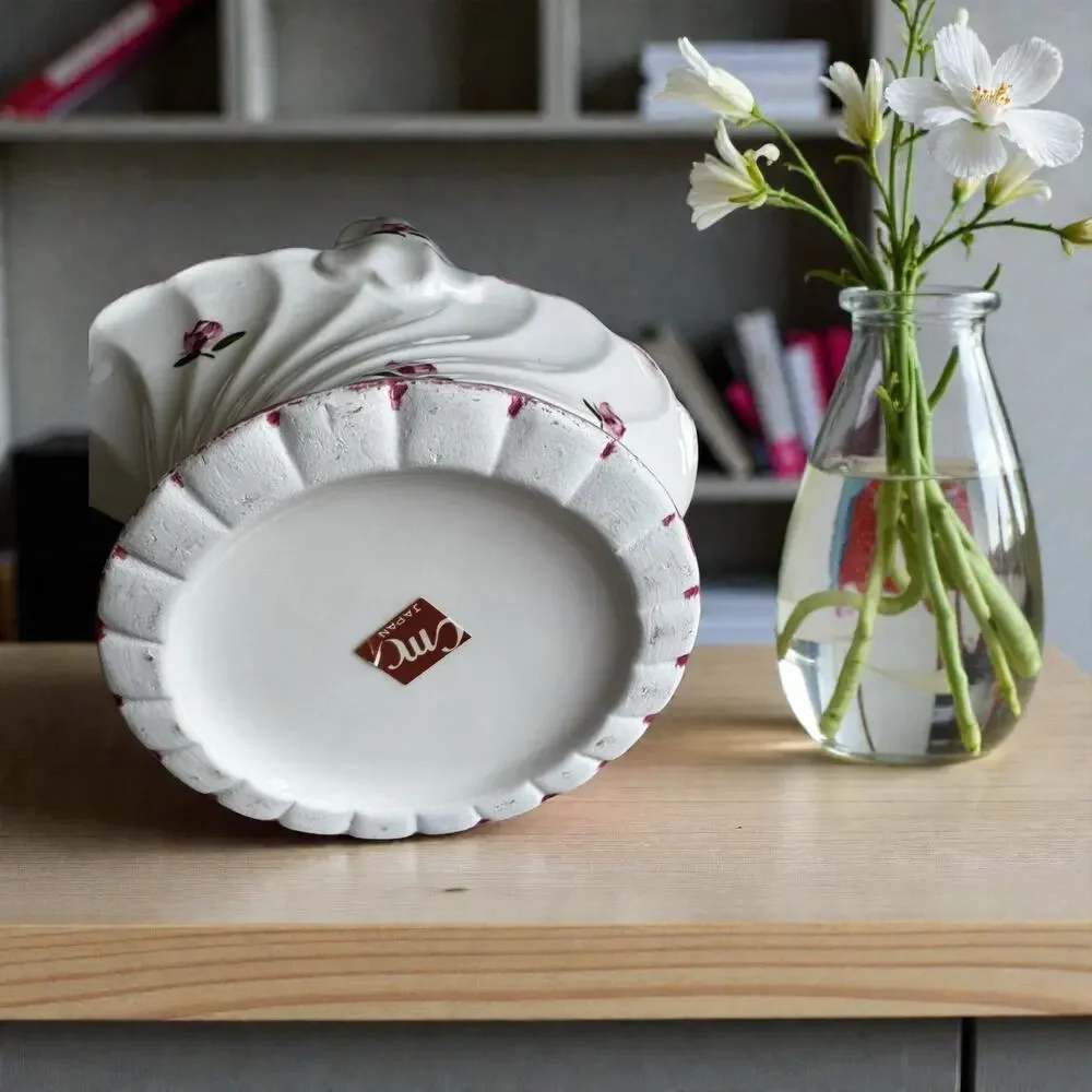 Vintage CMC Japan Ceramic Basket White Hand-Painted Pink Roses Grandmillennial